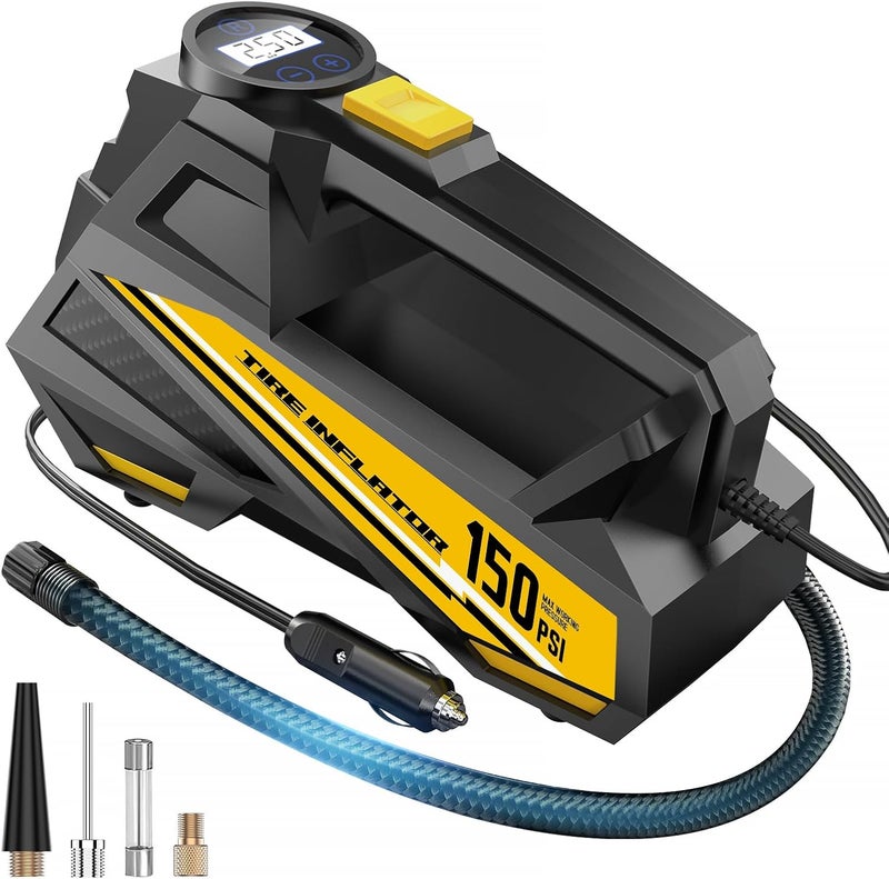 FLYKID Tire Inflator Portable Air Compressor- 12V DC Air Pump for Car Tires with 150PSI LCD Digital Gauge & Emergency LED Light,Auto Tire Pump for Cars,Motorcycles,Bikes,Balls - Image 1